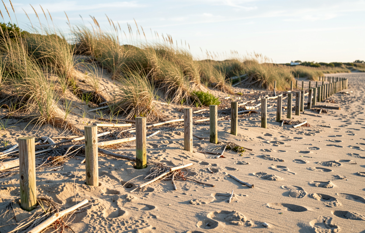 A low wooden stake line on dry sand at Bogue Banks, wrack and dune grass behind it, morning light from the side, wide framing along the beach.