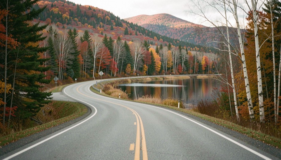 Two-lane highway with a yellow center line curving past a still pond, white birches, dark spruce and red and orange maples on the hills