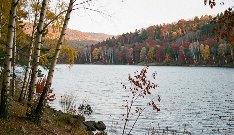 Calm lake shoreline lined with yellow birches and red maples, forested hills across the water under a low autumn sun