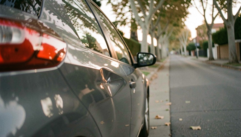 Close raking view along the rear door of a dark grey car showing a shallow dent catching low evening light, parked on a sloping street with plane trees
