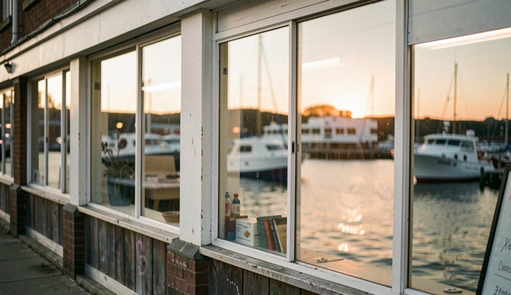 Harbor storefront windows reflecting evening light