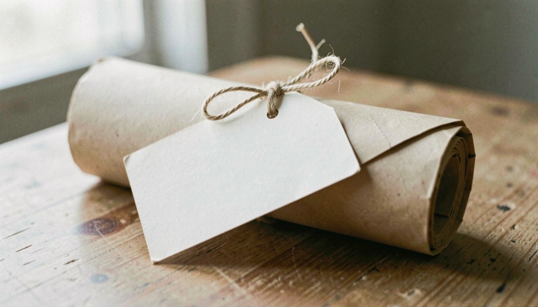 Blank tag string tied around a rolled newspaper