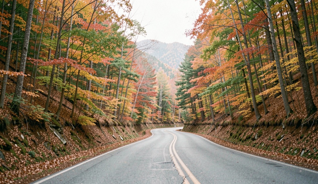 Narrow mountain roadway curving through early autumn hardwoods