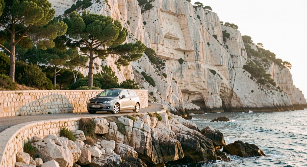 A small grey hatchback parked beside a low stone wall above a rocky cove, pine trees and a pale limestone cliff behind it, late afternoon light