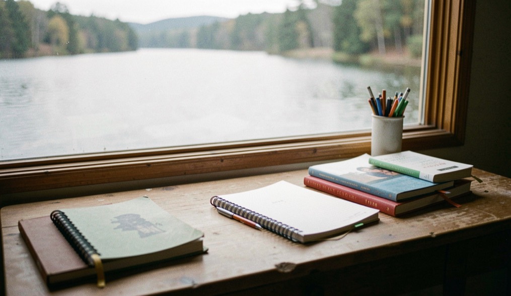 A single chair and small table beside a window in an empty retreat-house room, late afternoon light falling across a folded blanket and a closed notebook,