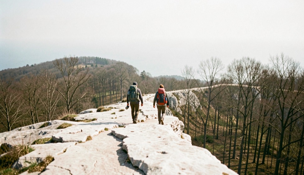 Two hikers with day packs walking a pale limestone ridge path above a beech forest, hazy sea on the far horizon, bright early morning light