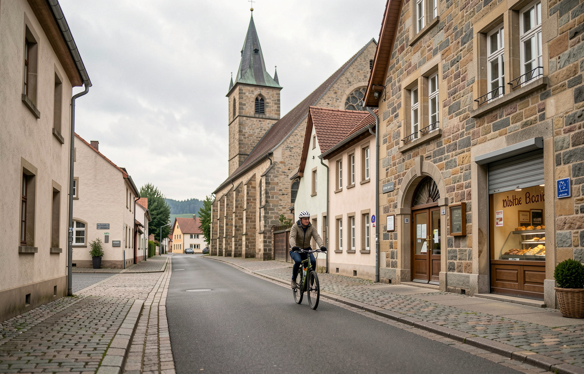 A quiet village street in central Germany on a Sunday morning, with a stone church tower, a closed bakery, and a single cyclist passing under soft overcast light, framed from across the road at eye level.