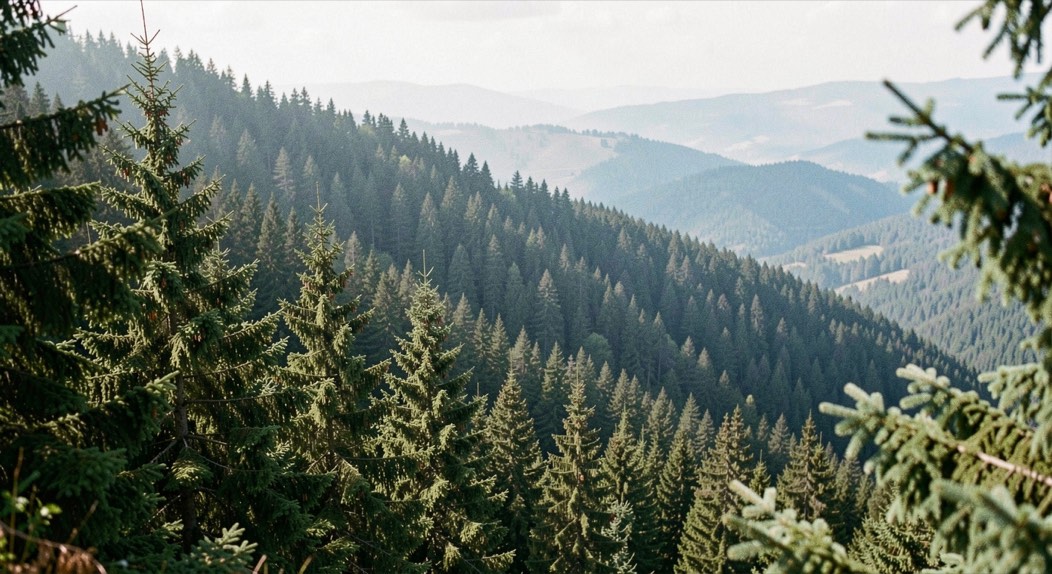 Spruce-covered slopes fading into blue distance