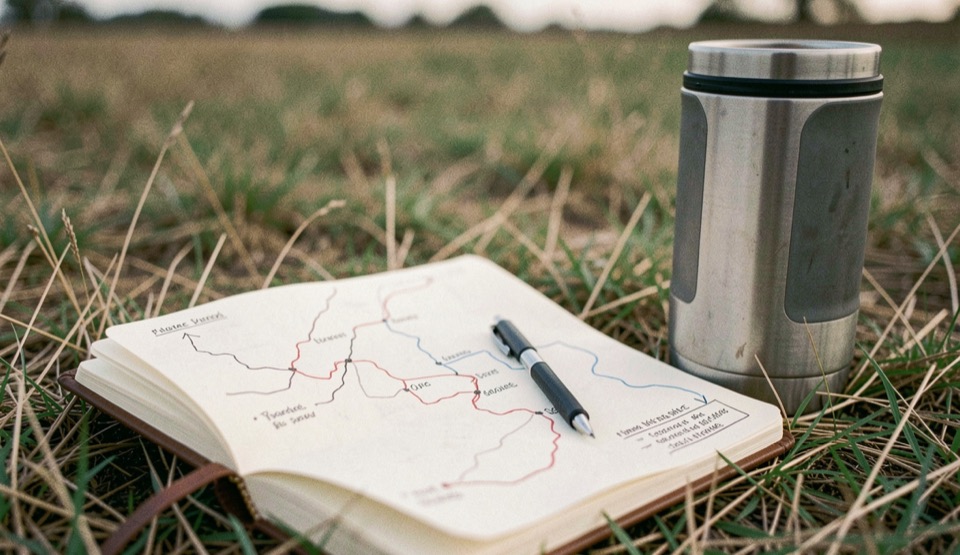 Open notebook resting on a wooden dock rail
